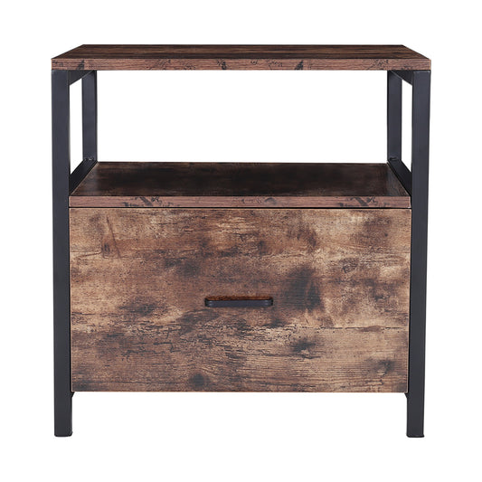 Metal-Framed Wooden Bedside Table Nightstand with Drawer