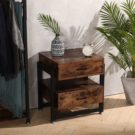 Metal-Framed Wooden Bedside Table Nightstand with 2 Drawers