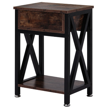 Metal-Framed X-Shaped Wooden Nightstand with Drawer