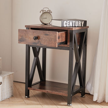 Metal-Framed X-Shaped Wooden Nightstand with Drawer