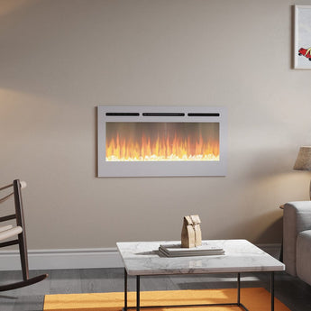 Linear Electric Fireplace Recessed in White Living and Home 