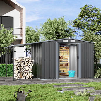 256CM Wide Metal Garden Storage Shed with Gabled Roof and Lean-To