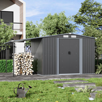 256CM Wide Metal Garden Storage Shed with Gabled Roof and Lean-To