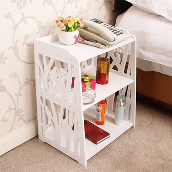 White Bird Pattern Rustic Bedside Table 3 Shelves Wooden