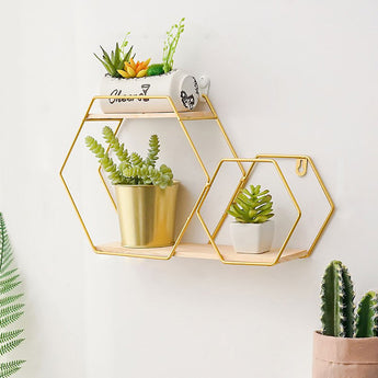 2-Tier Hexagonal Floating Shelf Gold Frame Easy Assembly