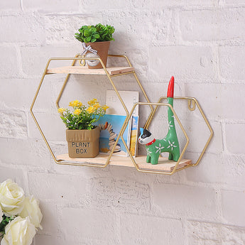 2-Tier Hexagonal Floating Shelf Gold Frame Easy Assembly