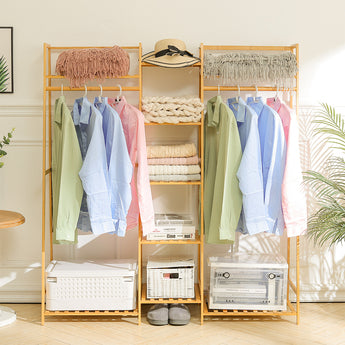 A five-tiered clothing rack made of bamboo that is trapezoid Drak Brown Multipurpose Clothes Hanging Rack-Nature