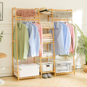 A five-tiered clothing rack made of bamboo that is trapezoid Drak Brown Multipurpose Clothes Hanging Rack-Nature