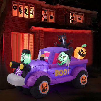 5ft Halloween Witch Driving a Car with Horror Frankenstein Build-In LED