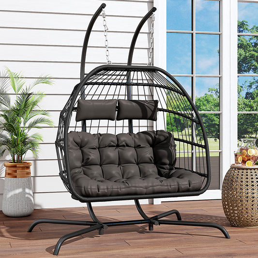 Outdoor Hanging 2-Seater Swing Chair Egg Chair with Four-Leg Stand