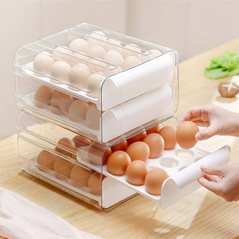 2 Layer Transparent Egg Fresh Storage Drawer Box Holder Holds 32 Eggs