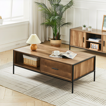 Brown Metal Framed Coffee Table with Drawer and Shelf