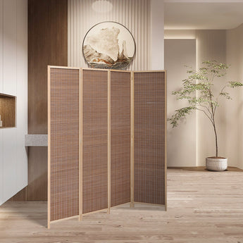 Folding Room Divider 4-Panel Bamboo Woven Privacy Protector