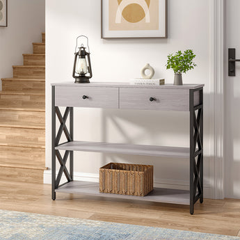 100 cm W Rustic Grey Narrow Wooden Console Table with Drawers