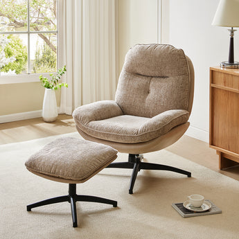 Chenille Lounge Chair with Footstool in Light Brown