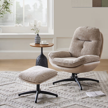 Chenille Lounge Chair with Footstool in Light Brown