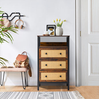 3-Drawer Rustic Rattan Storage Cabinet with Shelf