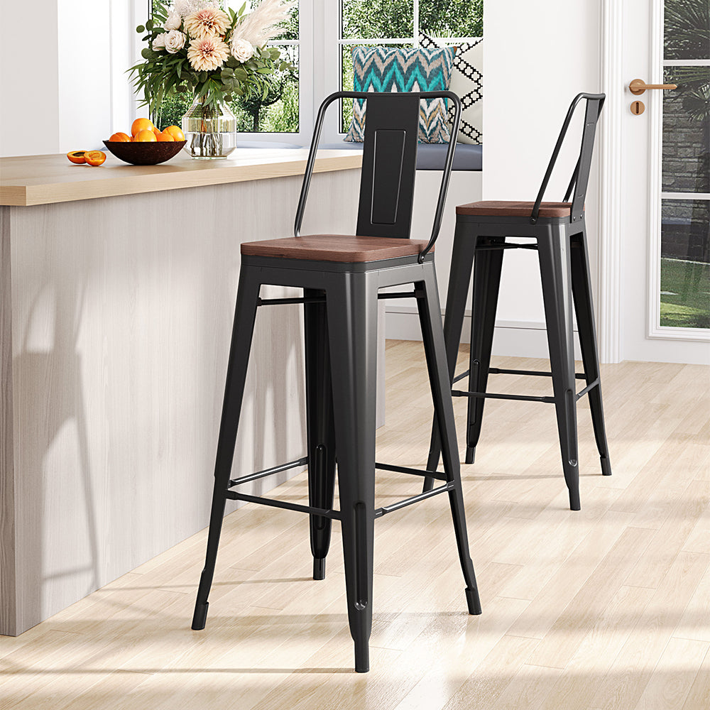 Black Brown Metal High Bar Stools Set 4