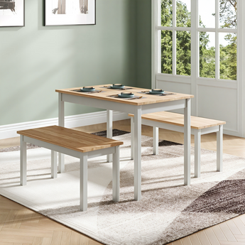Minimalist Nordic Natural Pine Wood Dining Room Table Set with 1 Tables and 2 Benches