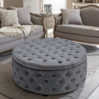 Round Ottoman in Linen Grey with Studded Edge