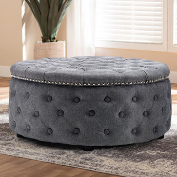 Round Ottoman in Linen Grey with Studded Edge