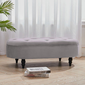 Button-Tuftedmall Oval Lint Footstool Ottoman Grey With Gourd-shape Wooden Legs