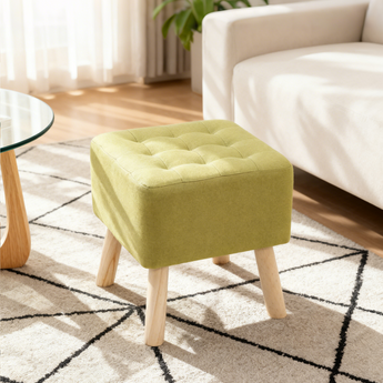 Linen Upholstered Footstool with Wooden Legs