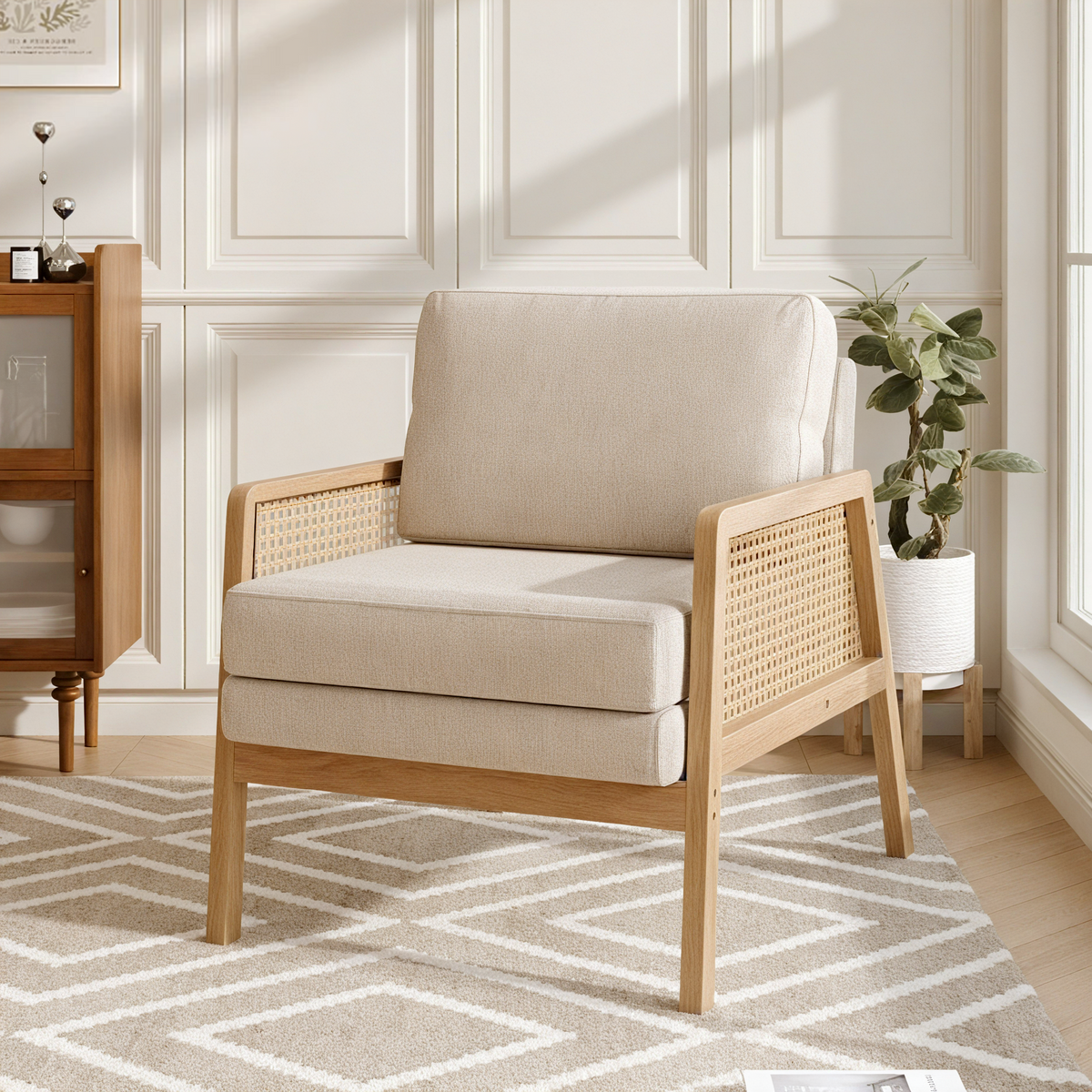 Linen Upholstered Woven Rattan Armchair with Seat Cushion – Haodirect