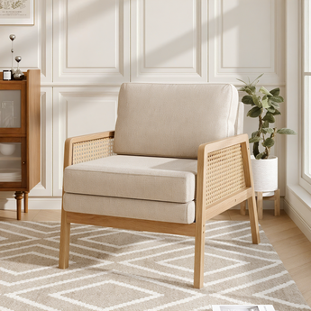 Linen Upholstered Woven Rattan Armchair with Seat Cushion