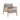 Grey linen upholstered armchair with woven rattan back and arm panels