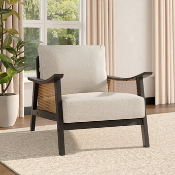 Linen Upholstered Brown-Framed Woven Rattan Armchair