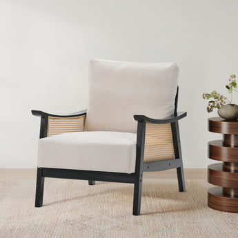 Linen Upholstered Brown-Framed Woven Rattan Armchair