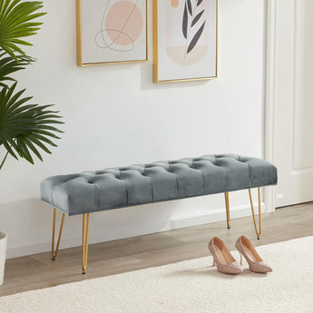 Buttoned Velvet Bench With Gold Hairpin Legs, Upholstered Button-Tufted Footrest Sofa