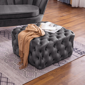 Grey Square Velvet Upholstered Buttoned Footstool