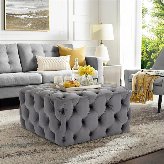 Grey Square Velvet Upholstered Buttoned Footstool