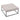 Grey square linen footstool with tufted top, smooth sides, and black metal frame