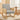 Grey linen upholstered rattan rocking chair with curved wooden rockers and armrests