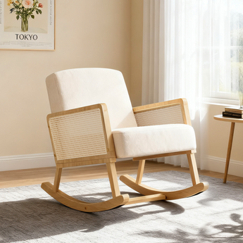 Linen Upholstered Woven Rattan Rocking Chair