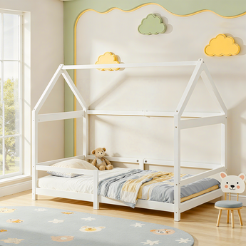 197CM Wide Natural Pine Wood Children Bed with House-Shaped Frame