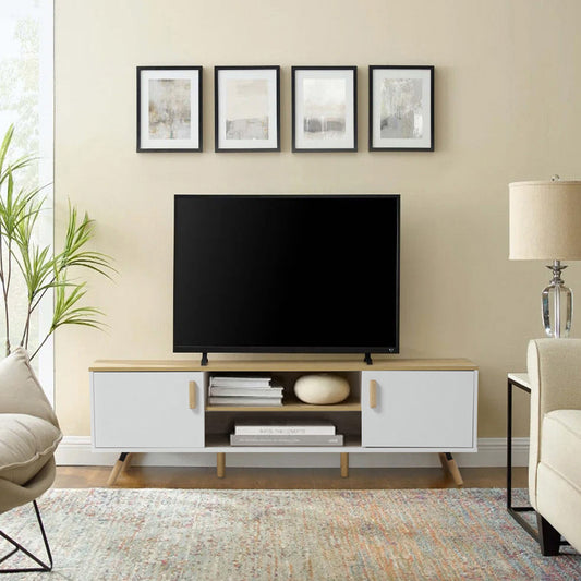 140CM Wide Wooden TV Stand with Open Shelves and Cabinets