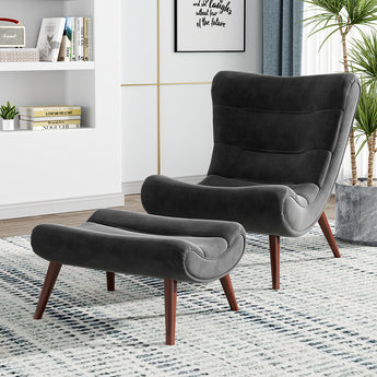 Black Curved Velvet Lounge Chair Set with Footstool