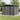 Gray metal garden storage shed with sliding door closed, apex roof