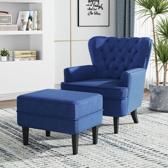 Blue Velvet Armchair and Ottoman Set