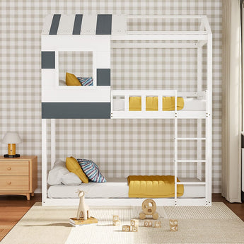 Modern Twin Bunk Bed Slatted Board House Shaped Living and Home 