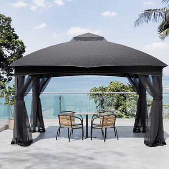 Refined Deep Gray Metal Pergola with Enclosed Mesh Drapes Living and Home 