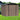 Brown metal garden storage shed with black trim, sliding double doors, and roof vent grilles