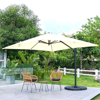 Beige 3 x 3 m Square Cantilever Parasol Outdoor Hanging Umbrella for Garden and Patio Parasols   Parasol + Cross Base + Round Water Tank 