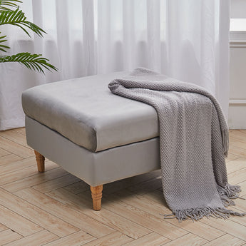 Grey Velvet Upholstered Square Ottoman Footstool with Wooden Legs