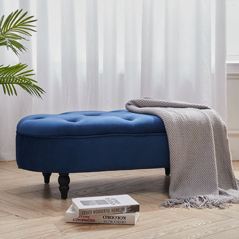 Blue Velvet Upholstered Oval Ottoman Footstool with Wooden Legs