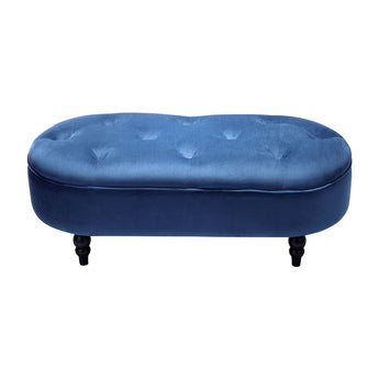 Blue Velvet Upholstered Oval Ottoman Footstool with Wooden Legs